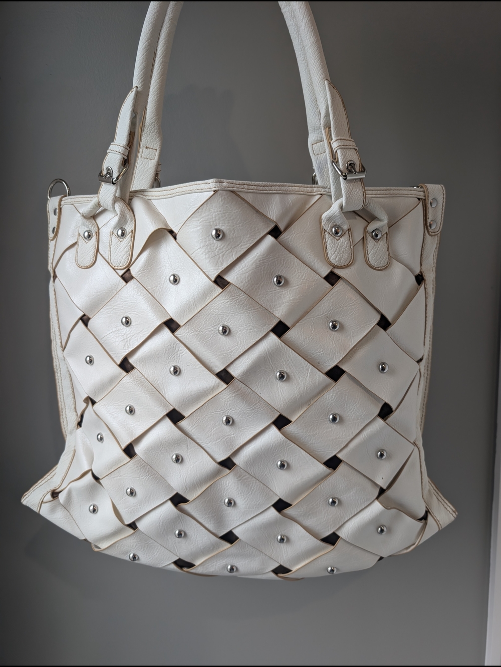 Chocolate New York White Woven Studded Tote Bag Large 17x15x3